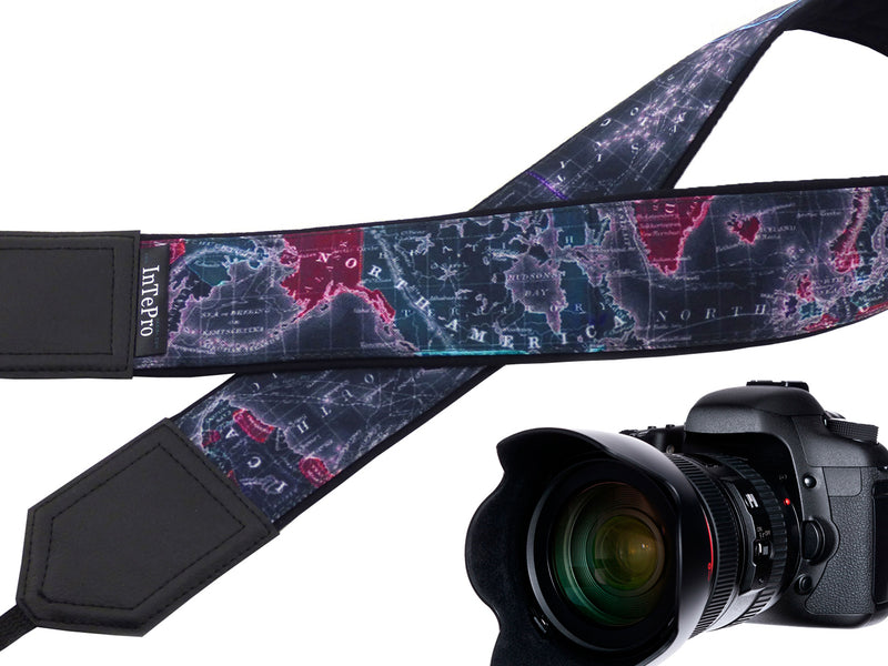 InTePro World map camera strap with personalization and pocket. Camera Strap with Embroidery for DSLR, Mirrorless and other cameras.