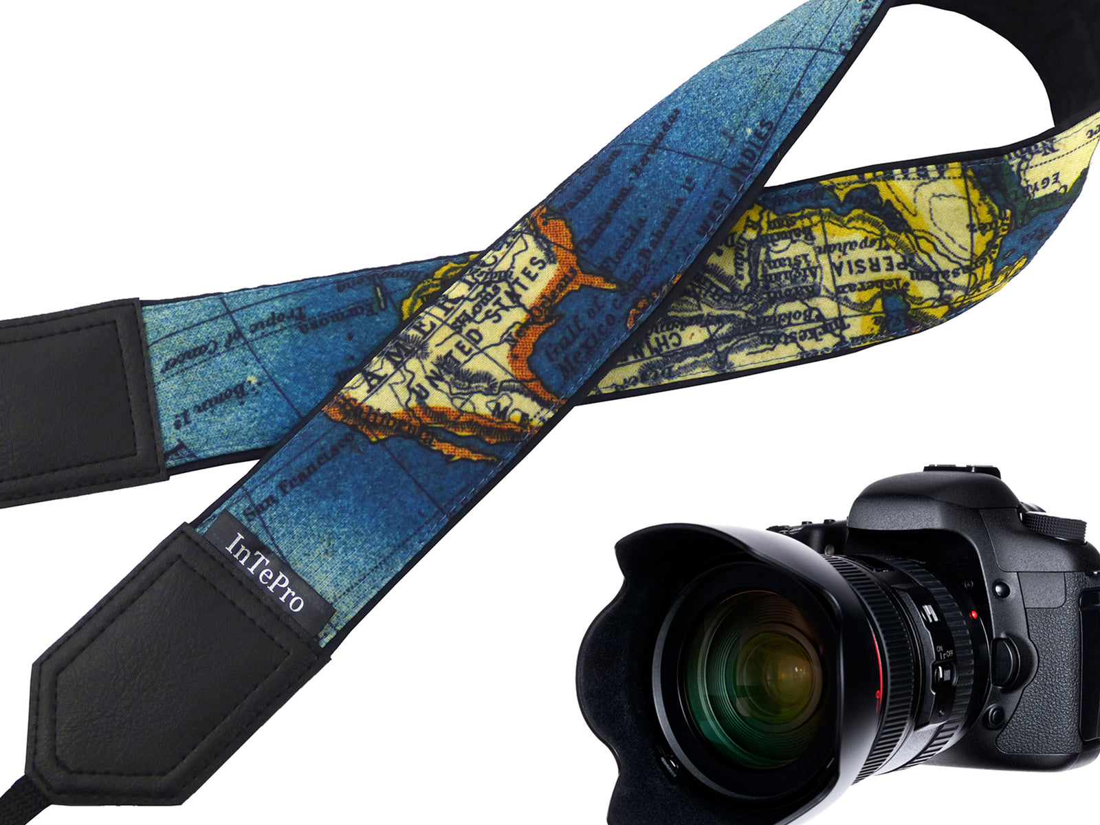 InTePro personalized camera strap for DSLR and mirrorless Cameras with Vintage map design. Camera accessory for photographers and travelers.