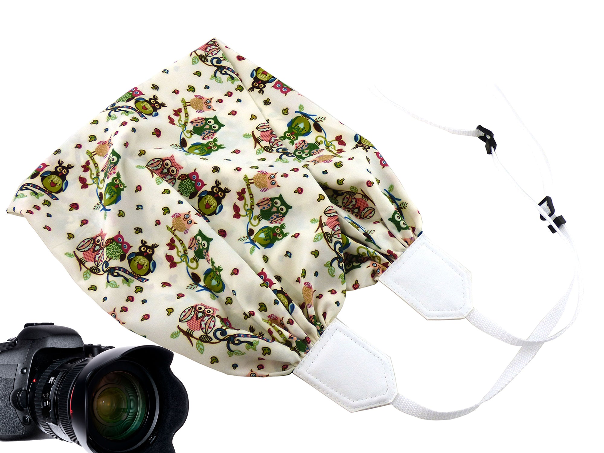 Scarf camera strap with owls. White DSLR Camera Strap with flowers and birds.