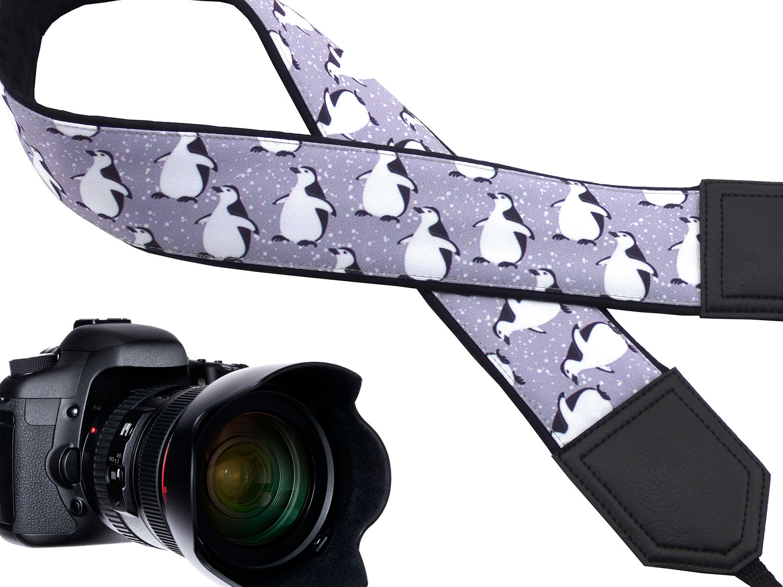 Soft and well-padded camera strap with personalization. Arctic birds - Penguin Grey Design camera strap. Gift for photographer and traveller.