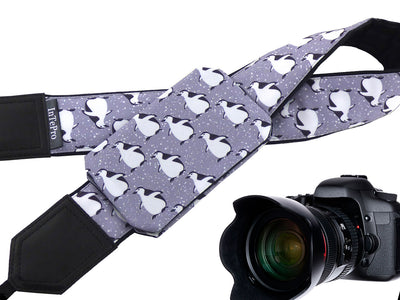 Soft and well-padded camera strap with personalization. Arctic birds - Penguin Grey Design camera strap. Gift for photographer and traveller.