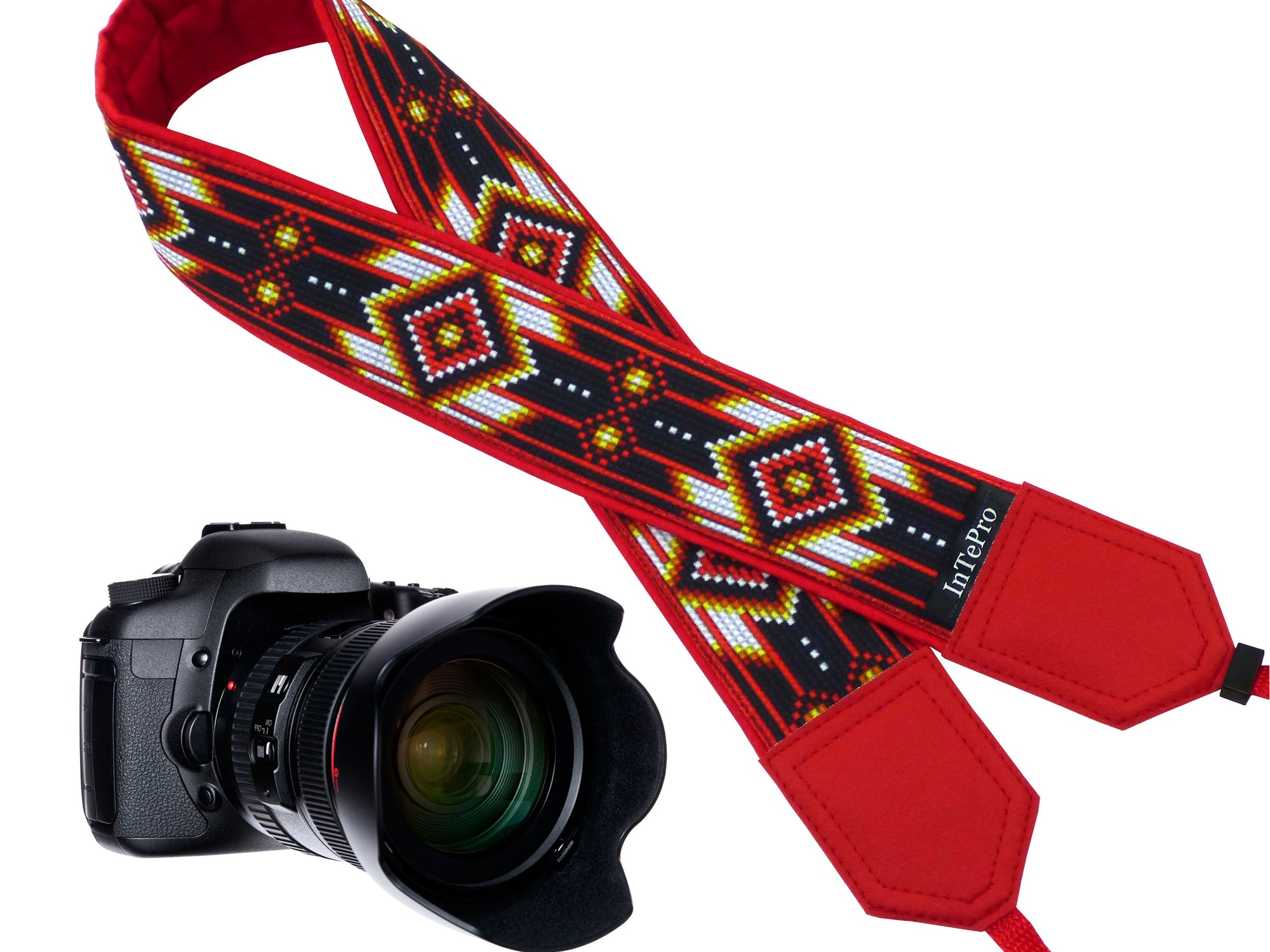 Personalized camera strap with red native design for DSLR and SLR cameras. Gift idea for photographer and traveler. American native motives.