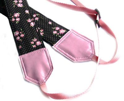 Flowers Camera strap. Black and pink camera strap. Polka dot camera strap. DSLR /SLR Camera Strap. Camera accessories.