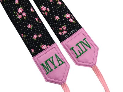 Flowers Camera strap. Black and pink camera strap. Polka dot camera strap. DSLR /SLR Camera Strap. Camera accessories.