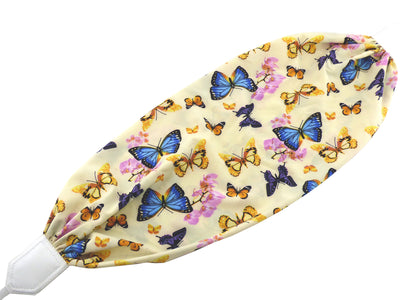 Colorful camera strap with flowers and butterflies.