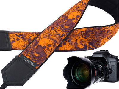 Orange Skulls camera strap with pocket and embroidery option. DSLR and SLR camera strap. Unique Halloween gifts