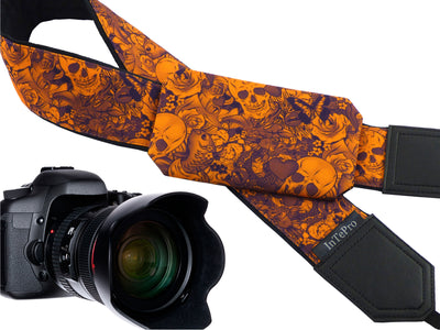 Orange Skulls camera strap with pocket and embroidery option. DSLR and SLR camera strap. Unique Halloween gifts