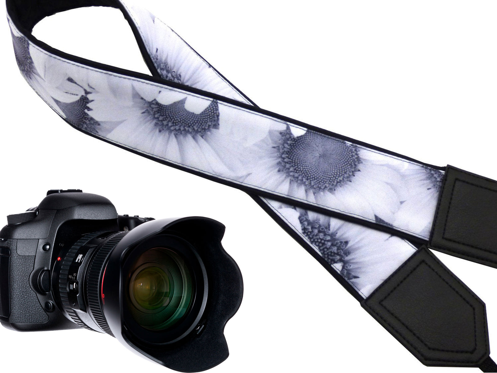 Sunflowers camera strap. White flowers Camera strap. DSLR / SLR Camera Strap. Handmade craft.